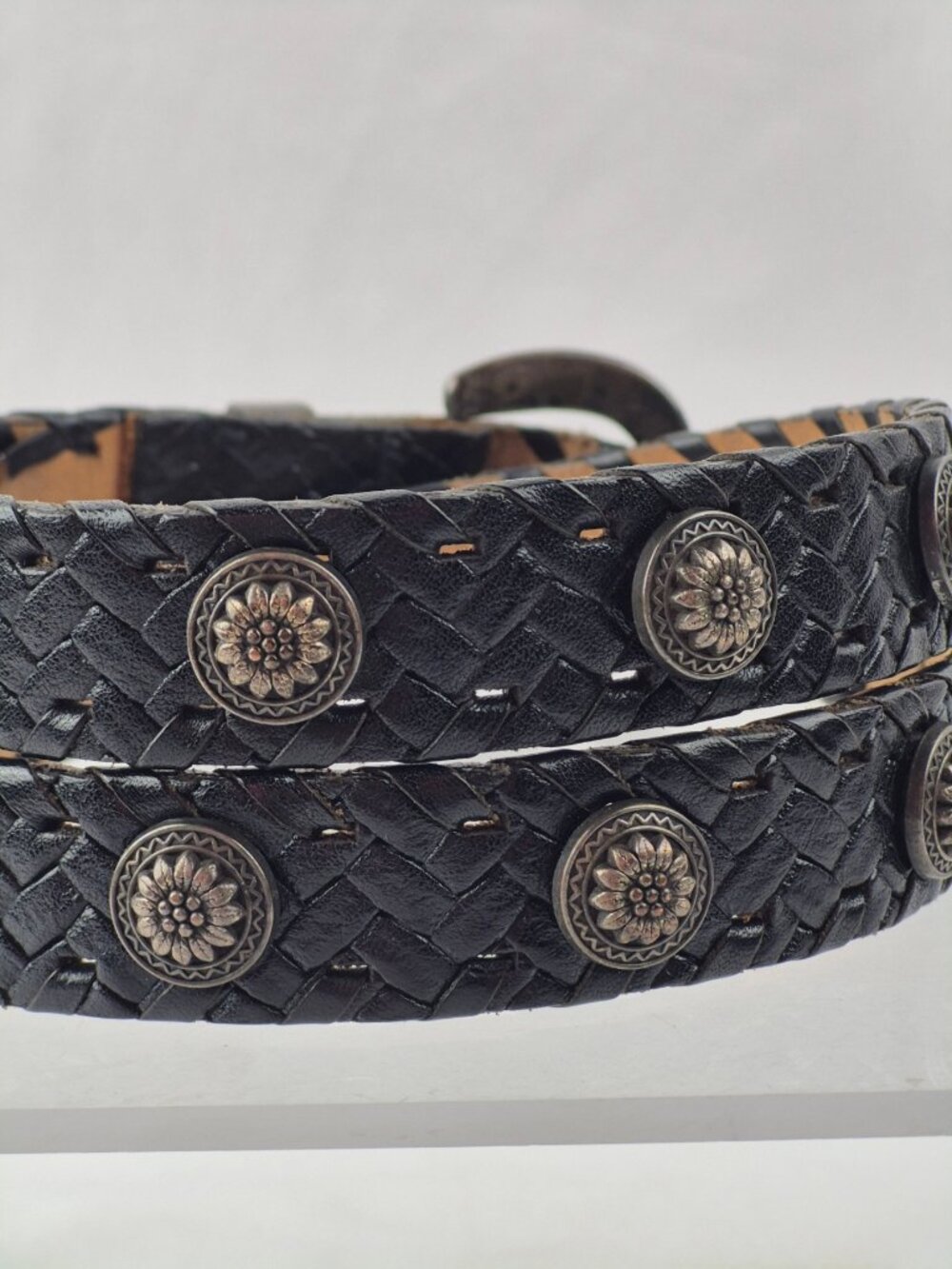 Vintage Black Leather Western Concho Basketweave Belt Boho Cowgirl Size Large - Picture 5 of 16